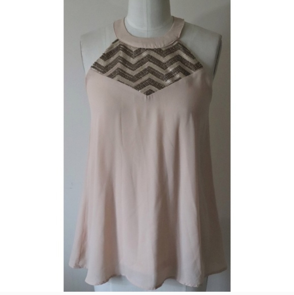 Paper Crane Sleeveless Cream Sequin Chevron Detailing Blouse Top Size L